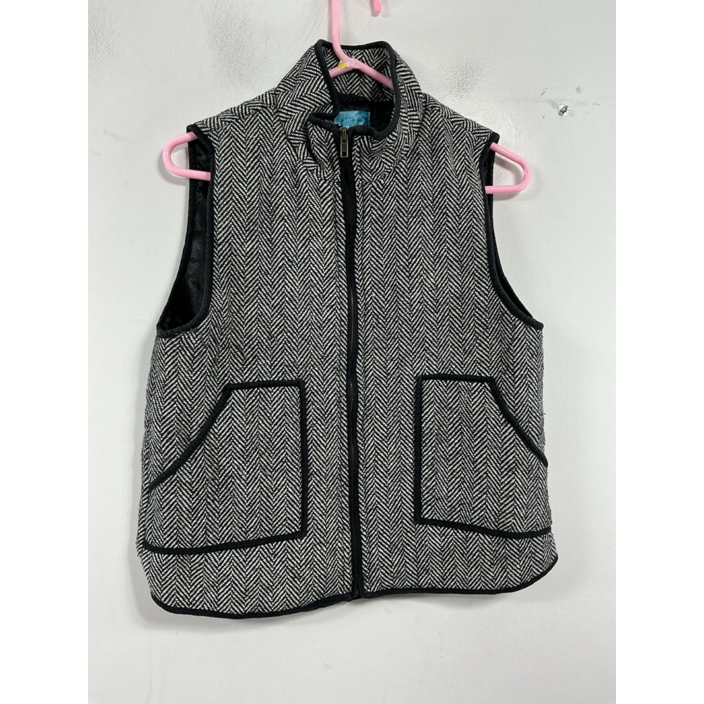 Womans Excellent Cond. Buttons Lined Zip Front Vest L Black White Herring Bone